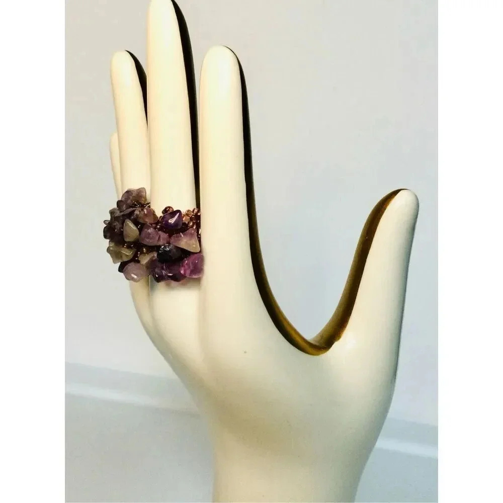 Vintage Avalaya Lavander Semiprecious Chip Cluster Beaded Wide Band Flex Ring